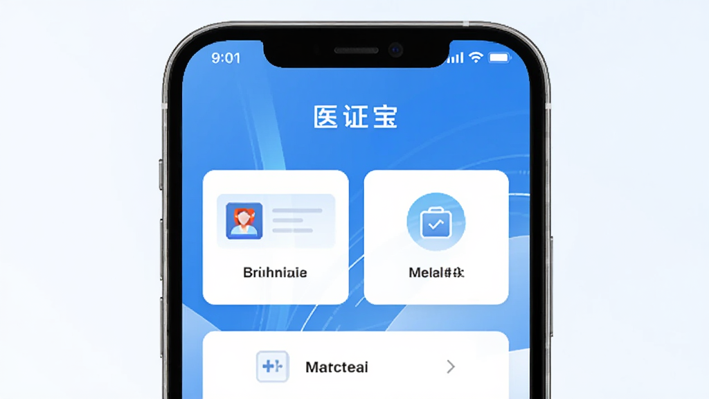主体为一部智能手机,屏幕展示医证宝APP主界面,界面包含证件卡片和健康档案图标,布局居中,排版简洁,风格为现代医疗科技风,细节包括蓝色渐变背景和白色卡片,画质清晰,干净,无多余元素