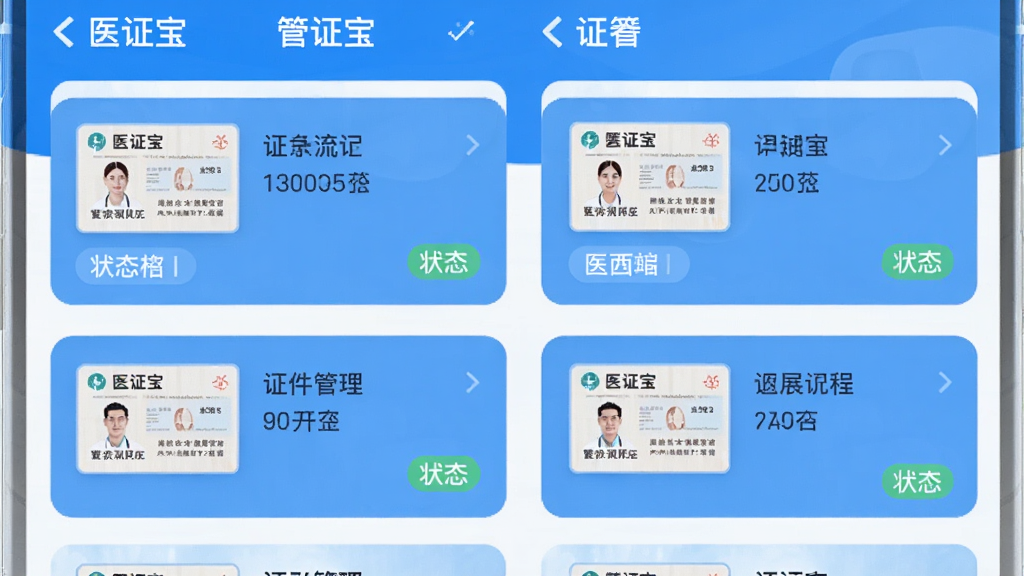 主体为医证宝APP证件管理界面,布局为竖向卡片列表,排版整齐,风格为清新医疗蓝,细节包括证件缩略图和状态标签,画质高清,干净,无多余元素