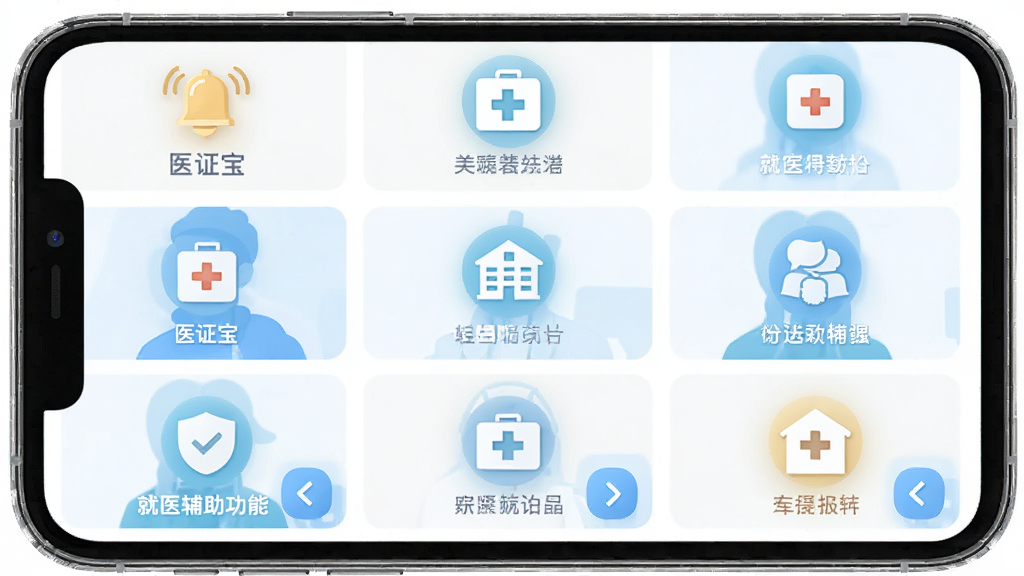 主体为医证宝就医辅助功能界面,布局为九宫格图标排列,排版规整,风格为扁平化设计,细节包括提醒铃铛和导航箭头,画质明亮,干净,无多余元素