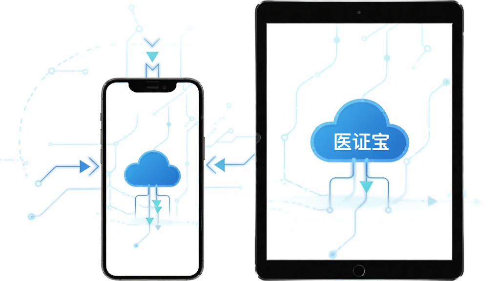 主体为医证宝多端同步示意图,布局为手机与平板并排,排版对称,风格为科技感线条,细节包括同步箭头和云朵图标,画质清晰,干净,无多余元素
