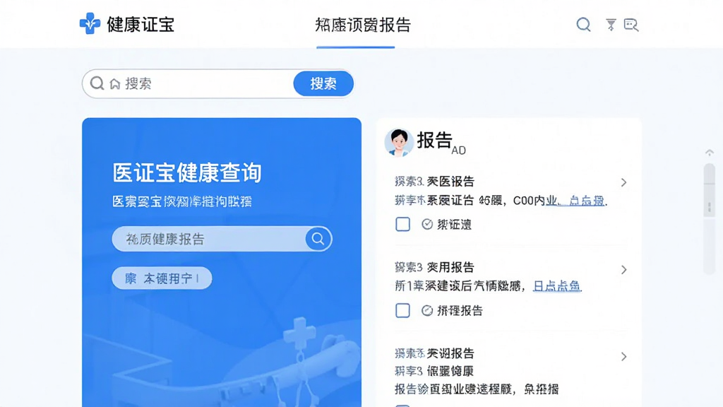 主体为医证宝健康查询页面,布局为上下分栏,排版清晰,风格为简洁白色背景配蓝色按钮,细节包括搜索框和报告列表,画质锐利,干净,无多余元素