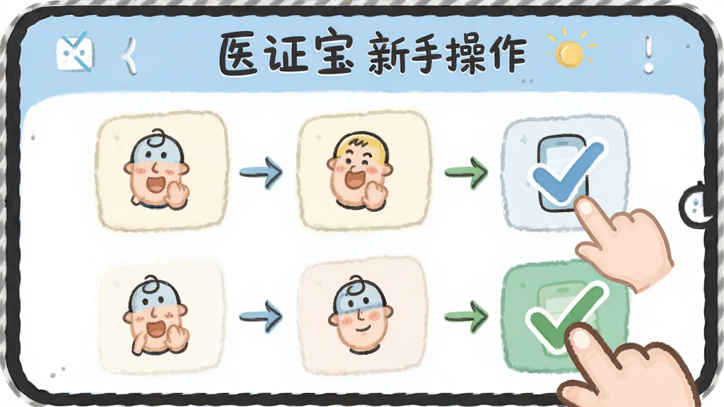 主体为医证宝新手操作界面,布局为分步引导图,排版从上到下,风格为卡通手绘风,细节包括手指点击和勾选标记,画质柔和,干净,无多余元素