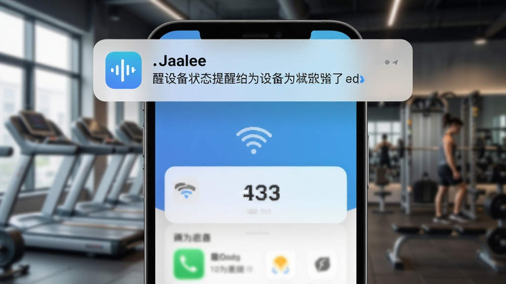 一张展示Jaalee应用通知提醒功能的图片,画面中手机屏幕上方弹出一条通知横幅,文字内容为设备状态提醒,背景是模糊的健身房场景,风格为现代移动UI风格,细节包括通知图标和清晰文字,画质清晰,干净,无多余元素
