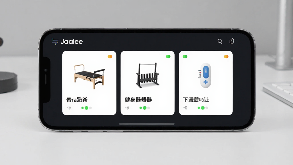 一张展示Jaalee应用多设备管理界面的图片,画面中一部手机横屏显示,屏幕上排列着三个设备卡片,分别标注普拉提床、健身器械和温度计,每个卡片带有状态指示灯,背景为浅灰色工作室桌面,风格为扁平化科技风,细节包括清晰的图标和文字标签,画质清晰,干净,无多余元素