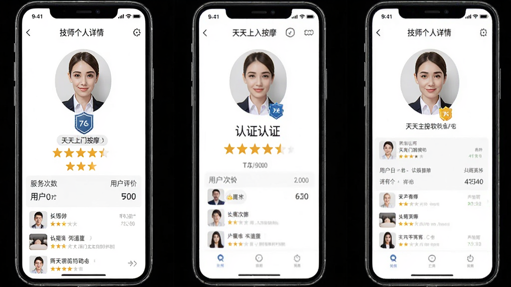 天天上门按摩软件中技师个人详情页面,手机屏幕展示技师头像、认证标识、评分星级、服务次数和用户评价列表,背景为简洁的白色界面,风格专业可信,排版清晰,画质高清,无多余元素。