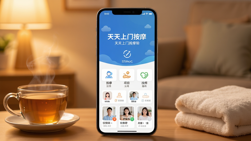 手机屏幕展示天天上门按摩软件首页界面,画面中央是一部竖屏智能手机,手机屏幕内显示天天上门按摩APP的启动页和首页布局,包含按摩项目分类图标和技师推荐列表,背景为温馨的居家环境,暖色调灯光,旁边放置一杯热茶和毛巾,整体风格干净清新,排版简洁有序,细节清晰,画质高清,无多余元素。