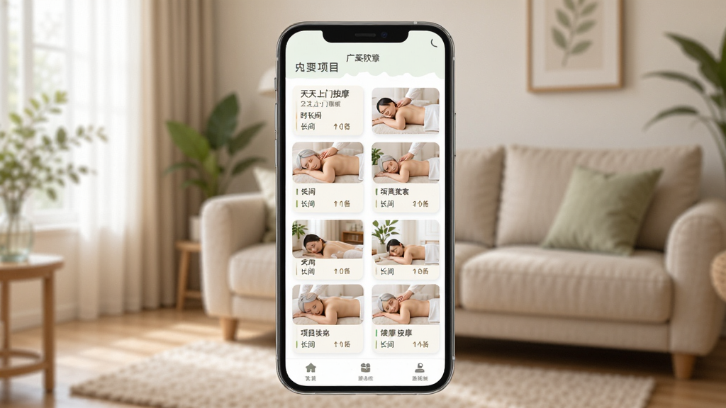 天天上门按摩软件的服务项目列表页面,手机屏幕显示多个按摩项目卡片,每个卡片包含项目名称、时长、价格和缩略图,背景为柔和的家居环境,风格清新自然,排版整齐,画质清晰,无多余元素。
