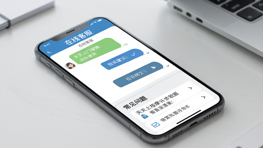天天上门按摩软件客服与售后页面,手机屏幕显示在线客服对话框、投诉建议入口和常见问题列表,背景为浅灰色办公桌面,风格简洁商务,排版规整,画质清晰,无多余元素。