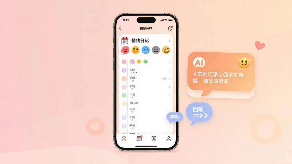 情绪记录与回响功能展示图,画面中手机屏幕显示独响APP的情绪日记界面,有彩色心情标签和时间轴列表,旁边有AI生成的温暖回复卡片,背景为柔和粉色渐变,布局为手机居中,风格温馨治愈,细节包含心情表情、日历图标、回响气泡,画质高清干净无多余元素