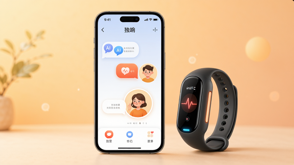 软件“独响”核心全貌展示图,画面中央放置一部智能手机,屏幕亮起显示独响APP主界面,界面中有AI对话气泡和温暖的人物头像,手机旁边放置一个圆润的NFC智能手环,背景为柔和的暖色调渐变,布局采用居中构图,风格温馨科技感,细节包含对话图标、心跳波纹、手环呼吸灯,画质高清干净无多余元素
