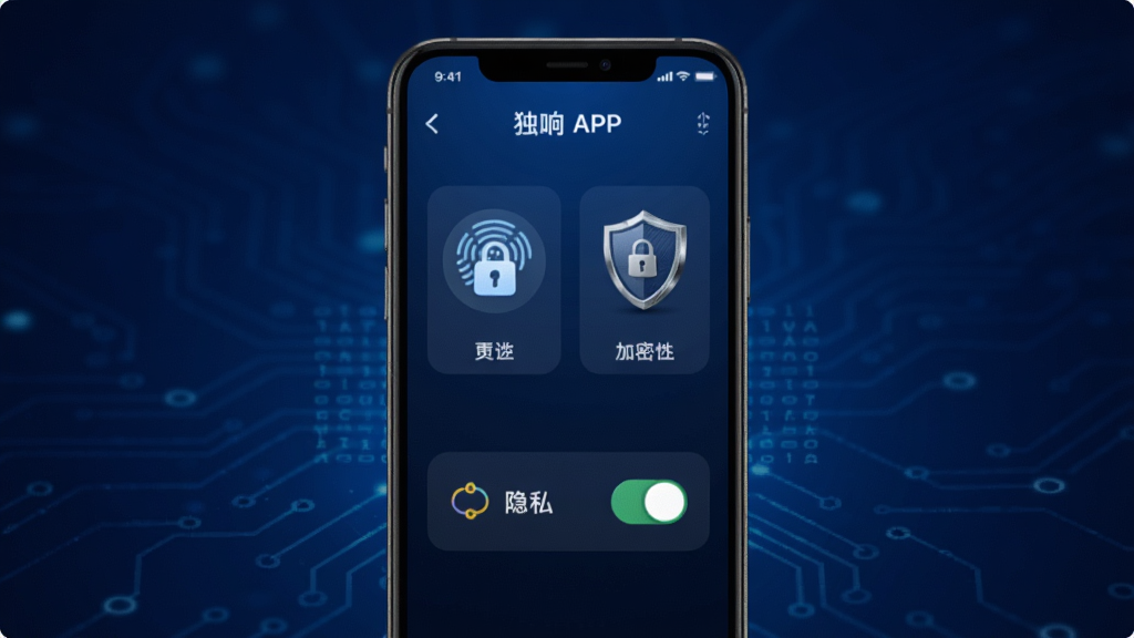 隐私安全保护功能展示图,画面中手机屏幕显示独响APP的安全设置界面,有指纹锁图标、加密盾牌、隐私开关等元素,背景为深蓝色科技感渐变,布局为手机居中,风格安全可靠,细节包含锁形图标、加密字符、盾牌纹理,画质高清干净无多余元素