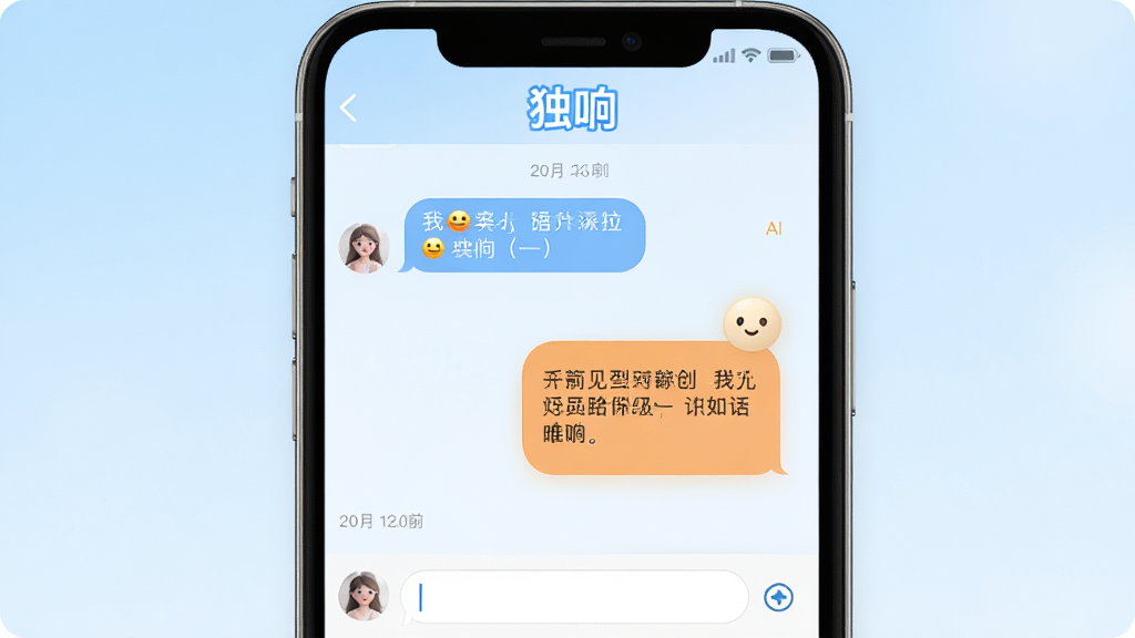 AI智能对话陪伴功能展示图,画面中一部手机屏幕显示独响APP的聊天界面,左侧是用户发送的文字气泡,右侧是AI回复的温暖语句,界面顶部有“独响”软件名称标识,背景为淡蓝色渐变,布局为手机居中,风格清新简约,细节包含表情符号、对话时间戳、输入框,画质高清干净无多余元素