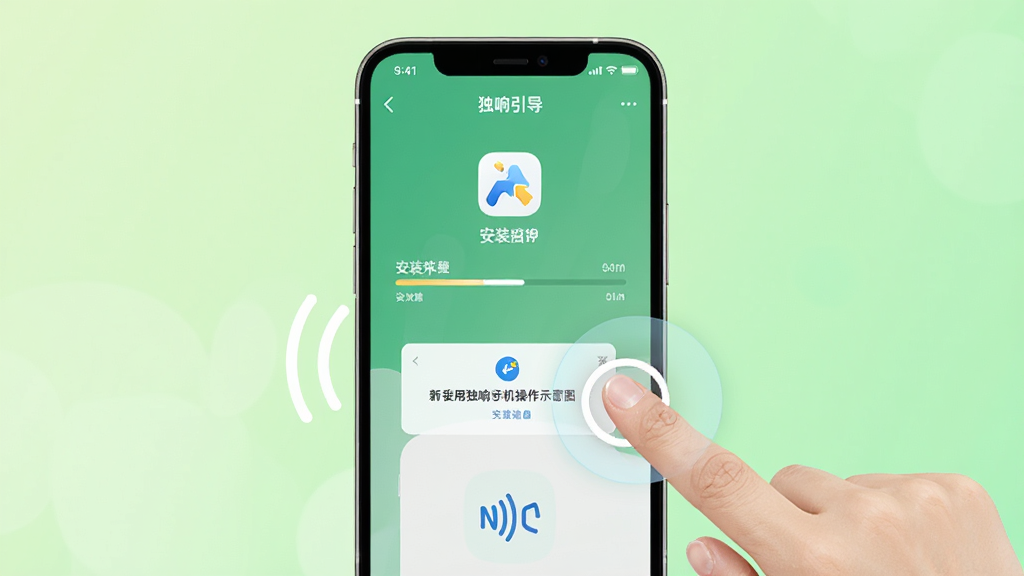 新手使用独响手机操作示意图,画面中一部手机屏幕显示独响APP的安装引导页面,旁边有手指点击屏幕的动画效果,背景为浅绿色清新渐变,布局为手机居中,风格简洁明快,细节包含安装进度条、权限弹窗、NFC图标,画质高清干净无多余元素