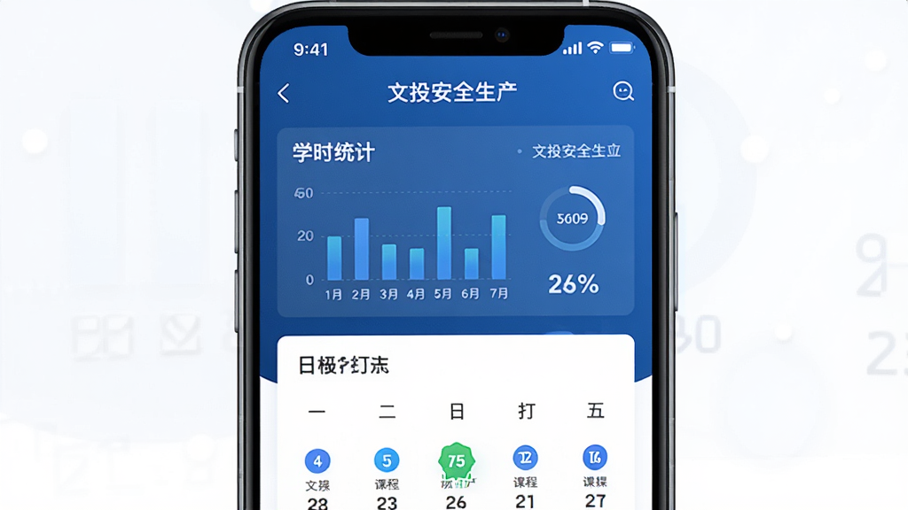 文投安全生产APP学时记录页面展示,画面主体为手机屏幕显示学时统计图表和日历打卡记录,布局为上下结构,排版简洁,风格为商务蓝色调,细节包括数据图表、进度百分比、课程完成标记,画质清晰干净无多余元素