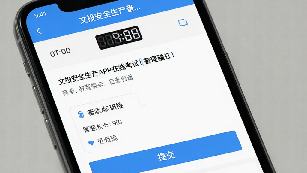 文投安全生产APP在线考试界面截图,主体为手机屏幕显示考试题目和选项按钮,布局为上下结构,排版清晰,风格为简洁教育风,细节包括倒计时器、答题卡、提交按钮,画质高清干净无多余元素