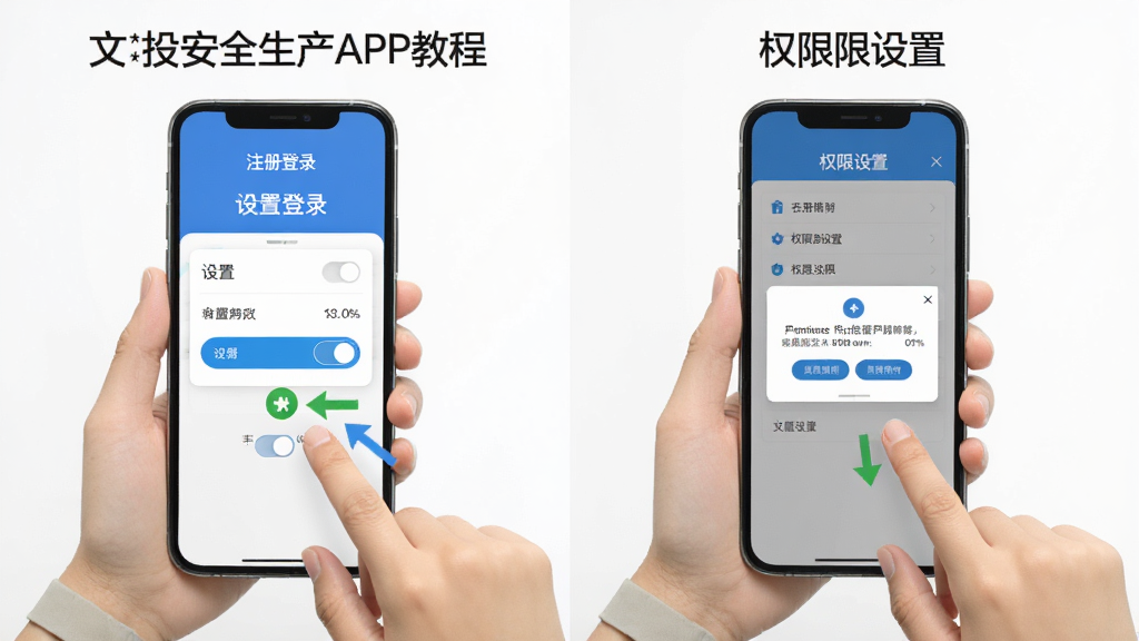 文投安全生产APP使用教程示意图,手机屏幕展示注册登录和权限设置界面,主体为手持手机操作画面,布局为左右对比,排版清晰直观,风格为简约教程风,细节包括设置开关、权限弹窗、操作箭头标注,画质高清干净无多余元素