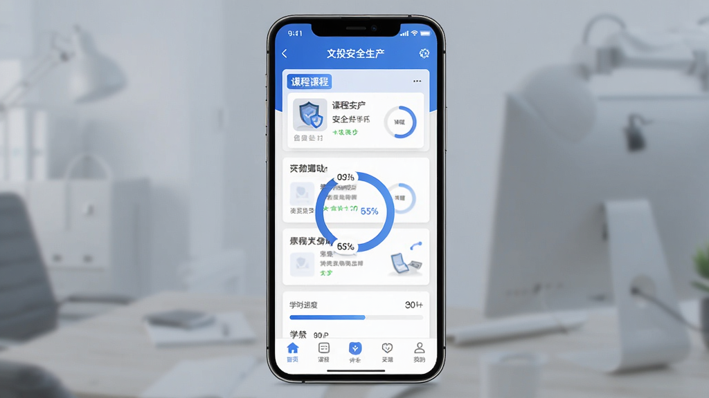 文投安全生产APP主界面截图,手机屏幕展示安全培训课程列表和学时进度条,主体为一部竖屏智能手机,布局居中,排版整齐清晰,风格为现代简约科技风,细节包括蓝色主色调、课程卡片、进度环、底部导航栏,画质高清干净无多余元素