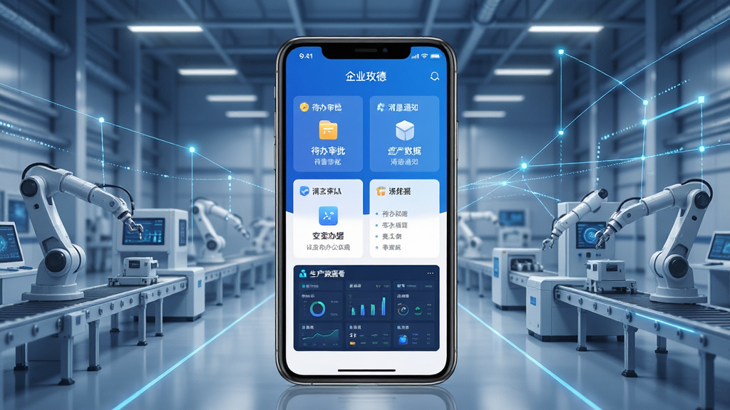 数智玫德移动办公应用主界面展示,画面中央放置一部智能手机,屏幕显示蓝色调企业办公APP首页,包含待办审批、消息通知、生产数据看板等模块图标,背景为现代智能制造工厂与数字化网络线条融合的场景,风格简洁商务科技感,细节清晰,画质干净,无多余元素