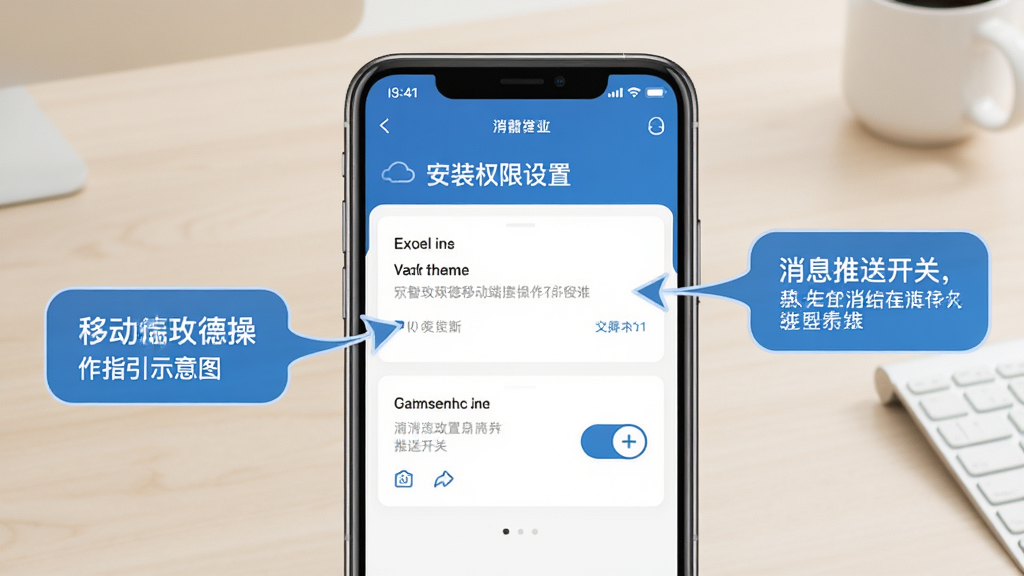 数智玫德移动端操作指引示意图,手机屏幕展示安装权限设置与消息推送开关界面,旁边配有箭头指引与提示气泡,背景为浅色办公桌面,风格教程图解,细节清晰,画质干净,无多余元素