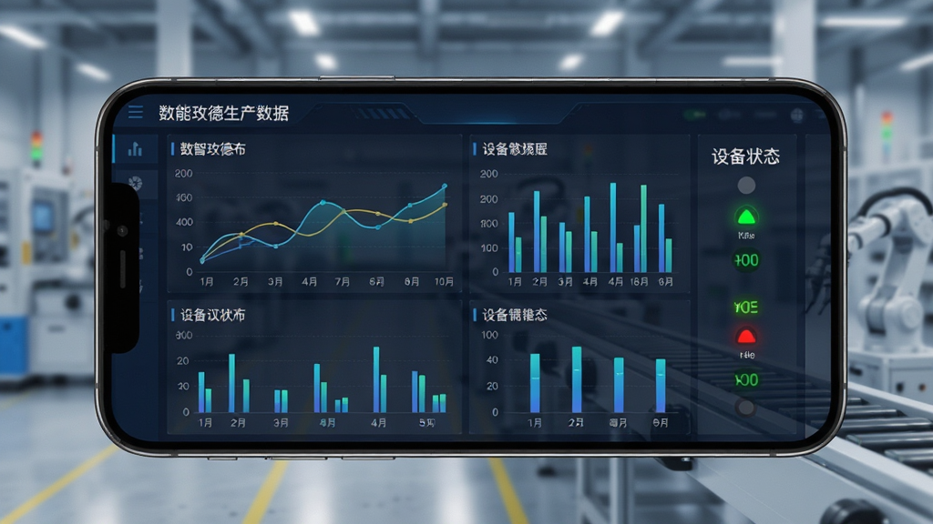 数智玫德生产数据看板界面,手机屏幕显示折线图、柱状图与设备状态指示灯,背景为智能制造车间流水线虚化场景,风格科技数据可视化,细节清晰,画质干净,无多余元素