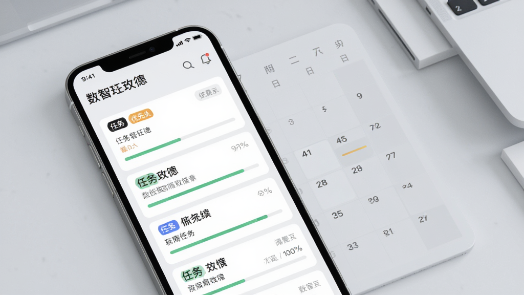 数智玫德任务管理界面,手机屏幕展示任务卡片列表与日历日程视图,卡片带有优先级标签与进度条,背景为浅灰色办公桌面,风格清新简约,细节清晰,画质干净,无多余元素