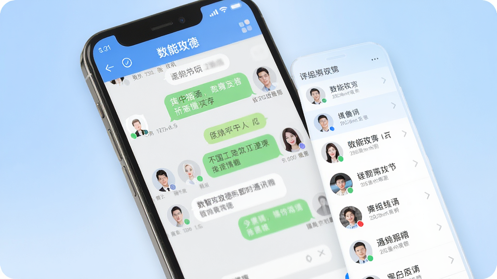 数智玫德即时通讯界面,手机屏幕展示聊天对话框与组织架构通讯录列表,气泡消息与头像排列整齐,背景为柔和渐变蓝色,风格简洁现代,细节清晰,画质干净,无多余元素