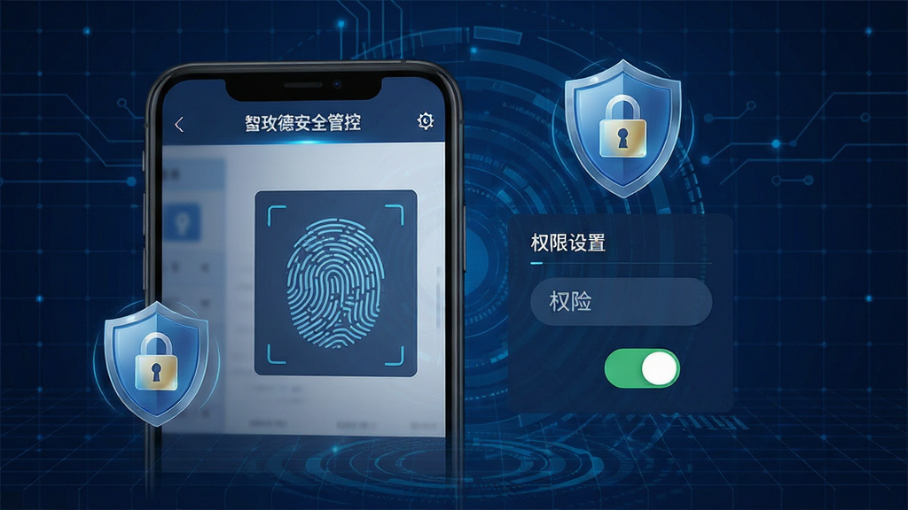 数智玫德安全管控界面,手机屏幕展示指纹识别与权限设置开关,盾牌图标与加密锁元素点缀,背景为深蓝色科技网格,风格安全可信,细节清晰,画质干净,无多余元素