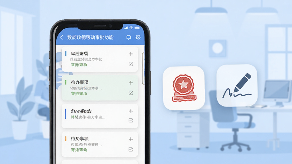 数智玫德移动审批功能界面,手机屏幕展示审批流程列表与待办事项卡片,旁边悬浮印章与签名笔图标,背景为淡蓝色办公场景,风格扁平化商务,细节清晰,画质干净,无多余元素