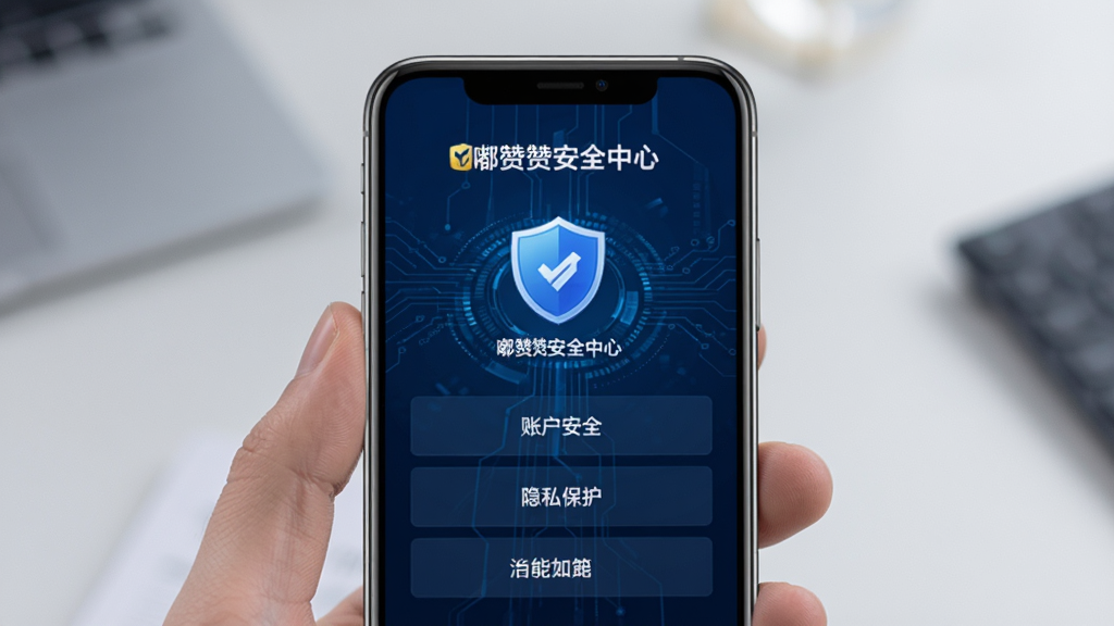 手机屏幕显示嘟赞安全中心页面,有盾牌图标和“账户安全”“隐私保护”等选项,背景为深蓝色科技感纹理,风格稳重专业,画质细腻