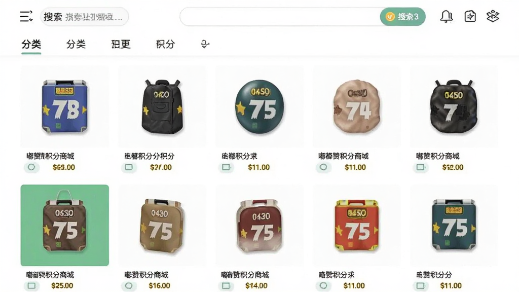 嘟赞积分商城页面截图,展示多款商品以网格形式排列,每件商品下方标有积分价格,顶部有搜索栏和分类标签,背景为白色,风格清新明快,画质高清