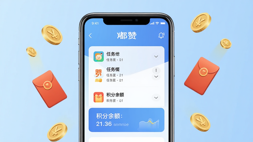 一张手机屏幕展示嘟赞应用主界面的图片,界面中央有任务列表和积分余额显示,背景为浅蓝色渐变,周围有金币和红包漂浮元素,风格简洁现代,画质清晰干净,无多余元素