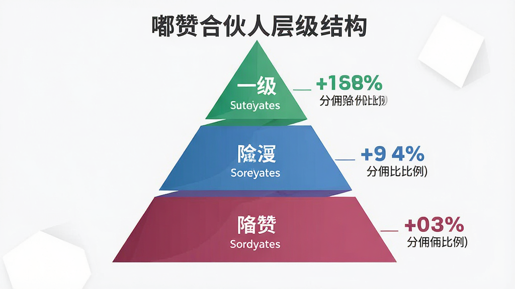 一张信息图展示嘟赞合伙人层级结构,从一级到三级以金字塔形状排列,每个层级用不同颜色区分,旁边有百分比数字标注分佣比例,风格商务简约,画质干净整洁