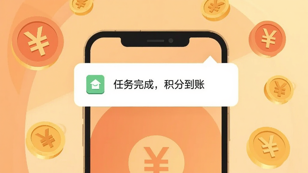 画面展示一部智能手机屏幕上方弹出“任务完成,积分到账”的通知,手机周围环绕着人民币符号和金币,背景为暖色调,风格扁平化插画,画质清晰,无杂乱元素