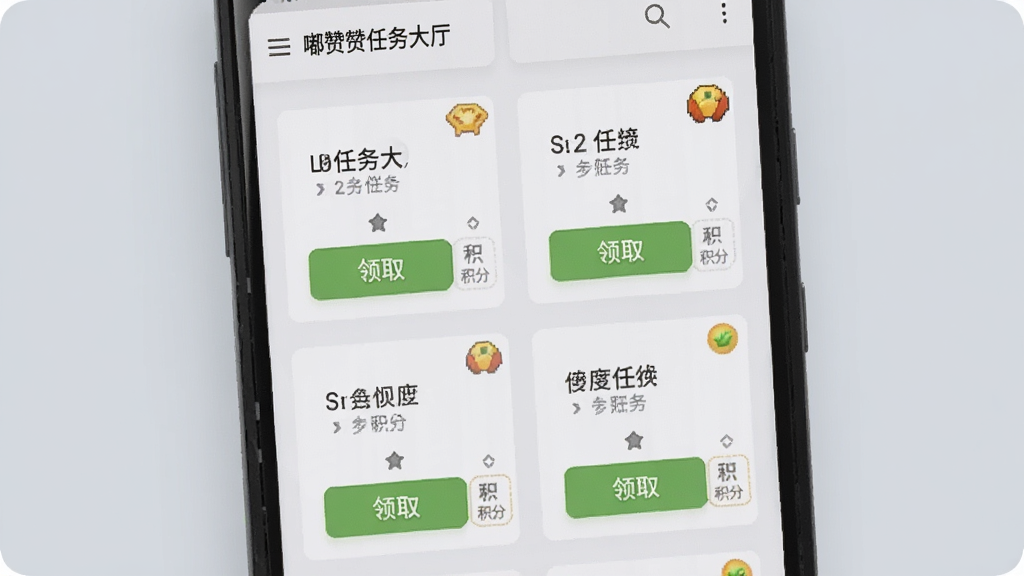 一部安卓手机展示嘟赞任务大厅界面,屏幕上有多个任务卡片,每个卡片带有“领取”按钮和积分标签,背景为淡灰色,风格简洁,画质清晰无多余元素