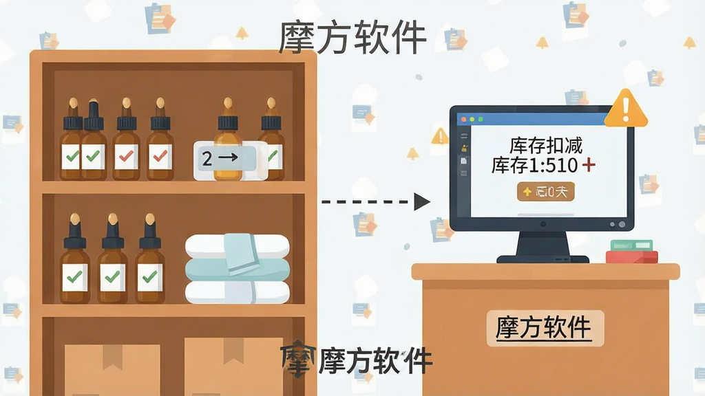一张展示摩方软件库存与项目联动功能的图片,主体为仓库货架和收银台两个场景通过虚线连接,货架上摆放瓶装精油和毛巾,收银台屏幕显示库存扣减提示,布局左右分割,排版清晰,风格为扁平插画风,细节包括库存数字变化和提醒图标,画质高清,画面干净,无多余元素,图片中打文字“摩方软件”