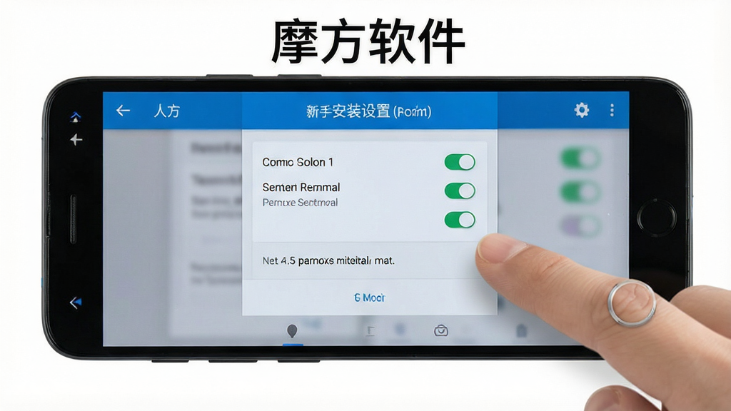 一张展示摩方软件新手安装设置流程的图片,主体为一部安卓手机显示摩方软件权限设置页面,旁边有手指点击屏幕的示意,布局居中,排版简洁,风格为写实UI风,细节包括权限开关和提示文字,画质高清,画面干净,无多余元素,图片中打文字“摩方软件”