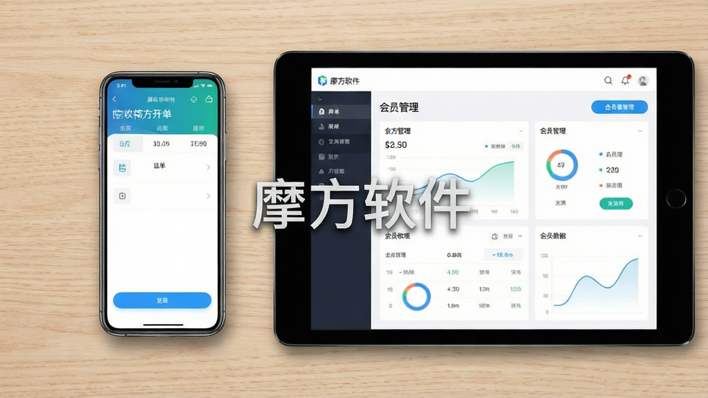 一张展示摩方软件核心全貌的图片,主体为一部智能手机和一台平板电脑并排放在浅色木质桌面上,手机屏幕显示摩方软件收银开单界面,平板屏幕显示会员管理数据看板,布局采用左右对称,排版简洁清晰,风格为现代商务科技风,细节包括屏幕上的图表和按钮图标,画质高清,画面干净,无多余元素,图片中打文字“摩方软件”
