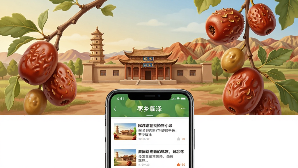 一幅展现西北枣乡风情的数字插画,画面中央是成熟的临泽小枣挂满枝头,背景是临泽县城标志性建筑与丹霞地貌,画面下方有手机界面展示“枣乡临泽”APP的新闻资讯页面,布局为上方自然风光、下方手机应用界面,排版居中对称,风格写实温暖,细节包括红枣纹理、建筑轮廓、手机屏幕内的新闻列表,画质高清,干净,无多余元素