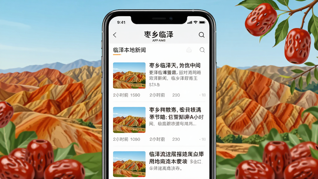 一张以“枣乡临泽”APP新闻页面为主题的手机界面展示图,画面主体为手机屏幕显示临泽本地新闻列表,周围环绕临泽丹霞地貌与红枣元素,布局为手机居中、风景环绕,风格扁平化UI展示,细节包括新闻标题、发布时间、缩略图,画质高清,干净,无多余元素