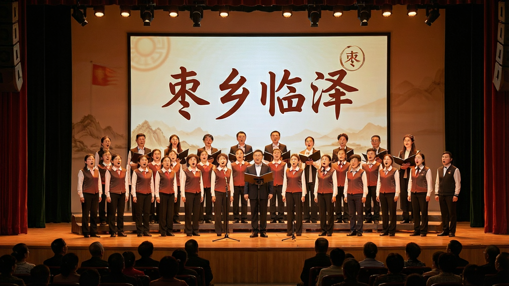 一张以“枣乡临泽”文化展示为主题的宣传图,画面主体为临泽艺术合唱团在舞台上演唱,背景屏幕显示“枣乡临泽”字样,舞台下方有观众,布局为舞台全景,风格温暖写实,细节包括合唱团成员服装、舞台灯光、背景文字,画质高清,干净,无多余元素