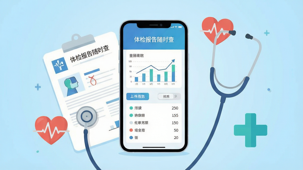 画面中央是一部智能手机,屏幕上显示着简洁的体检报告查询界面,包含数据图表和指标列表,手机周围环绕着体检单、听诊器、心率图标和健康十字标志,背景为干净的浅蓝色渐变,整体采用扁平化科技插画风格,细节清晰,画质明亮,画面干净无多余元素,图中文字标注“体检报告随时查”
