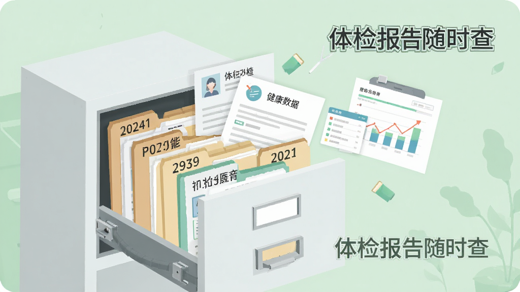 一个整洁的数字档案柜界面,文件夹标签上写着不同年份和医院名称,档案柜打开后飞出多份体检报告单和健康数据图表,背景是柔和的浅绿色,扁平化设计风格,画面清晰干净,图中文字标注“体检报告随时查”