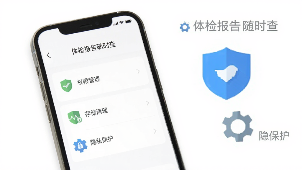 手机屏幕显示体检报告随时查的应用设置页面,包含权限管理、存储清理和隐私保护选项,旁边有盾牌和齿轮图标,背景简洁白色,扁平化风格,画面干净,图中文字标注“体检报告随时查”