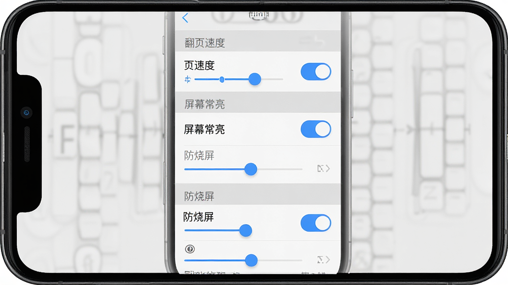 一张展示FliTik翻页时钟设置界面的手机截图风格图片,主体是手机屏幕显示应用内的设置选项列表,布局为竖屏居中,排版清晰展示各项开关与滑块,风格为扁平化UI设计,细节包括“翻页速度”“屏幕常亮”“防烧屏”等设置项的文字标签、蓝色高亮开关按钮、灰色背景分区,画质高清、界面干净、无多余元素