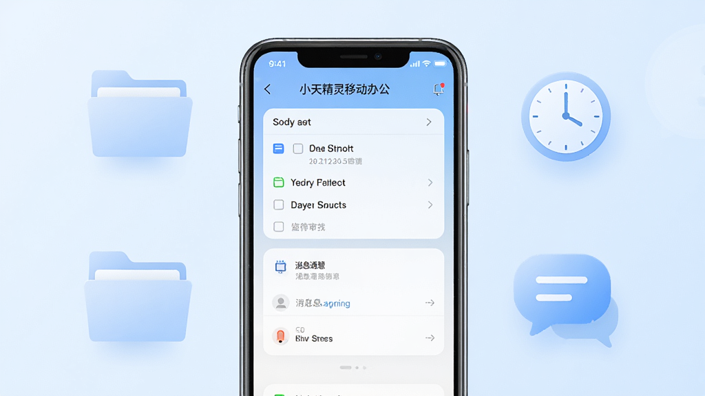 画面中央放置一部智能手机,屏幕亮起显示小天精灵移动办公界面,界面中包含待办列表、审批入口和消息通知卡片,手机周围环绕半透明的文件夹、时钟和对话气泡图标,背景为浅蓝色渐变,整体布局居中对称,风格为现代扁平化科技风,细节上手机边框有轻微高光,图标带有柔和阴影,画面干净整洁无多余元素,高清画质,适合作为软件下载站展示图。