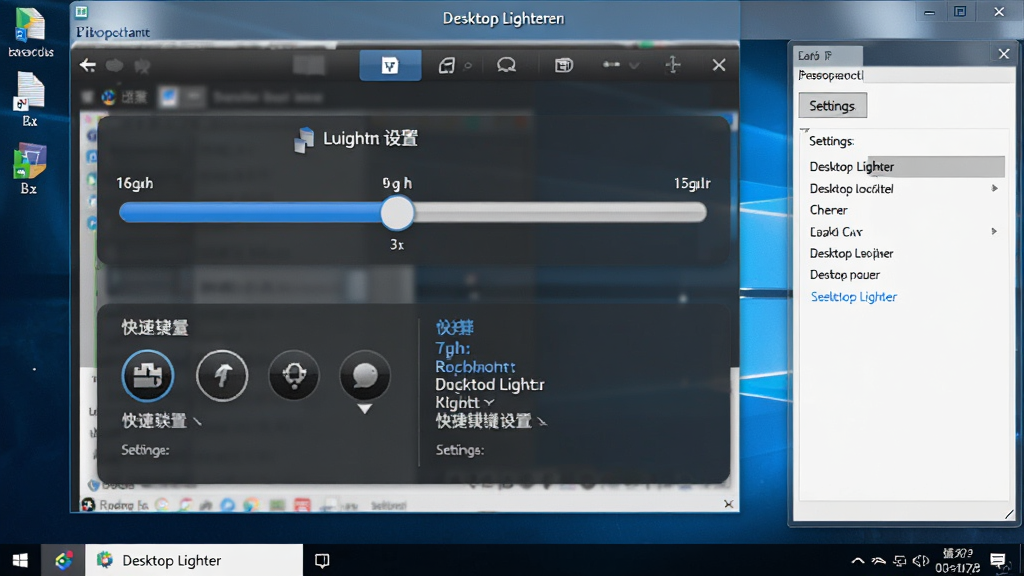 主体是一台Windows电脑屏幕显示Desktop Lighter软件界面,布局为正面视角,排版突出亮度滑块和快捷键设置区域,风格为简洁软件截图风格,细节包括托盘图标和设置面板,画质清晰干净,图片中文字为