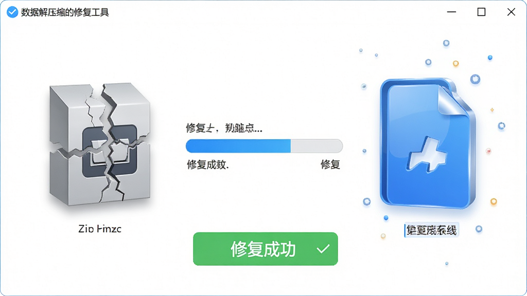 zip解压缩的修复工具界面,画面左侧是一个破损的压缩包图标,右侧经过修复后变为完整文件,中间有修复进度条和“修复成功”提示,风格简洁直观,背景为白色,细节体现数据恢复过程,画质高清,干净整洁
