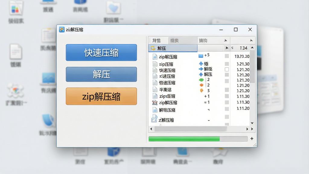 一张展示zip解压缩软件主界面的高清图片,画面中央是软件窗口,左侧显示快速压缩与解压按钮,右侧展示文件列表和进度条,背景为干净的浅灰色桌面环境,风格简洁商务,细节清晰可见按钮文字“zip解压缩”,画质细腻,无多余元素