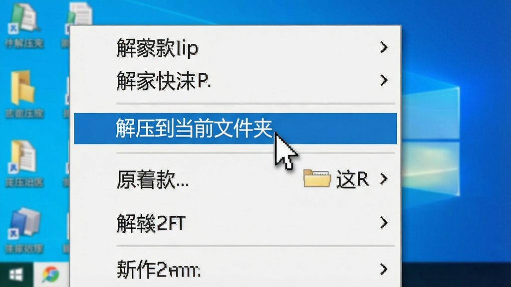一张展示zip解压缩右键菜单快捷操作的截图,画面中鼠标指针悬停在“解压到当前文件夹”选项上,背景为Windows桌面,风格真实清晰,细节突出菜单项文字,画质干净,无多余元素