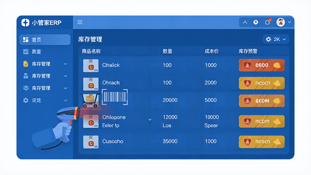 主体是小管家ERP软件的库存管理界面,布局为左侧导航栏加右侧数据表格,排版上表格中显示商品名称、数量、成本价和库存预警状态,风格为清爽的蓝色商务扁平插画,细节上包含条形码扫描枪和货架图标,画质为高清2K,干净无多余元素。